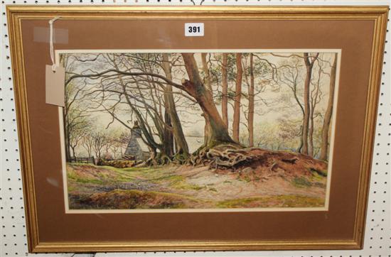 J. Aitken - watercolour, Cottage and beech trees